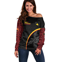 Papua New Guinea 50th Independence Day Off Shoulder Sweater Simple Oro Tapa Pattern LT9 Women Black - Polynesian Pride