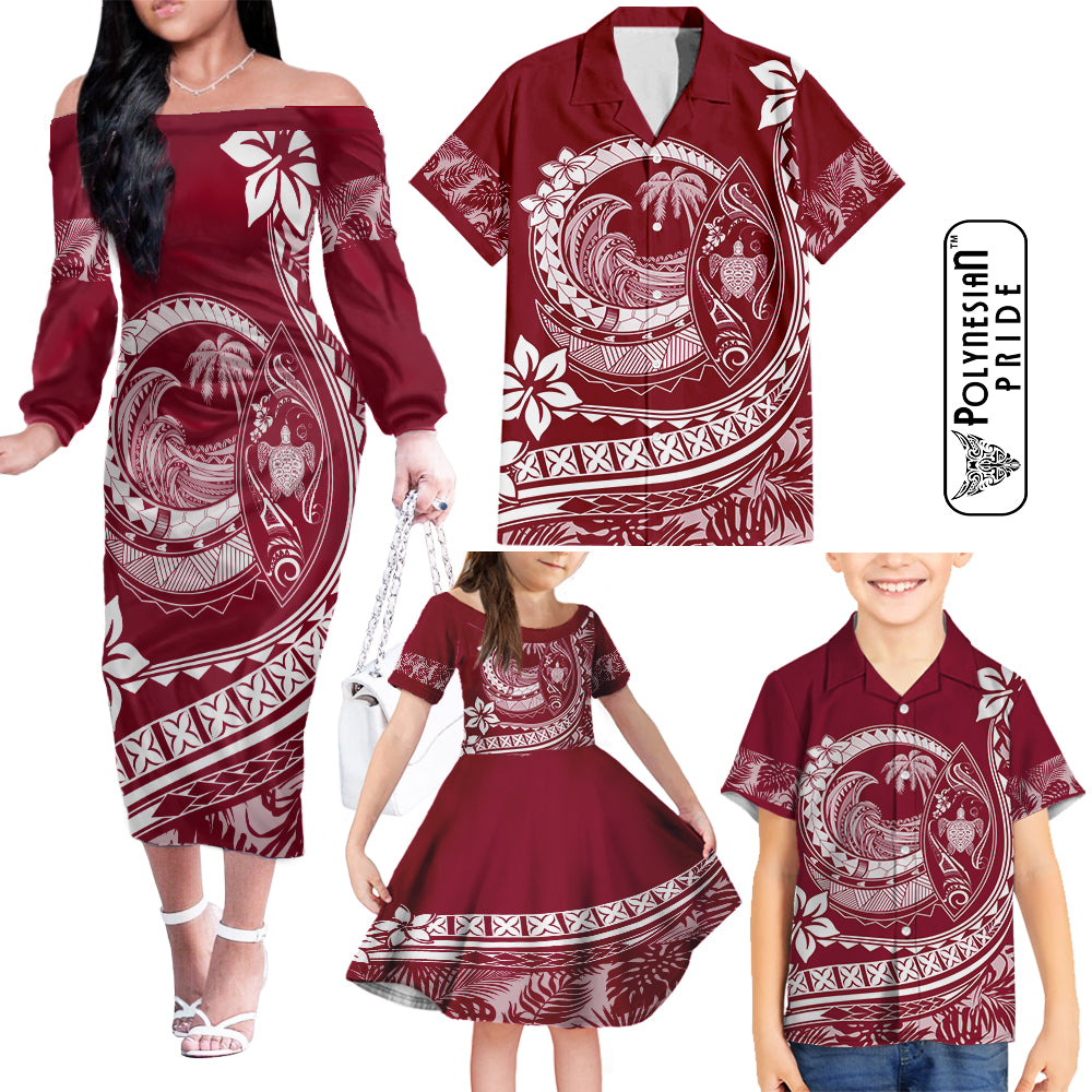 Hawaii Family Matching Outfits Polynesian Plumeria Off Shoulder Long Sleeve Dress And Shirt Family Set Clothes Ride The Waves - Red LT7 Red - Polynesian Pride