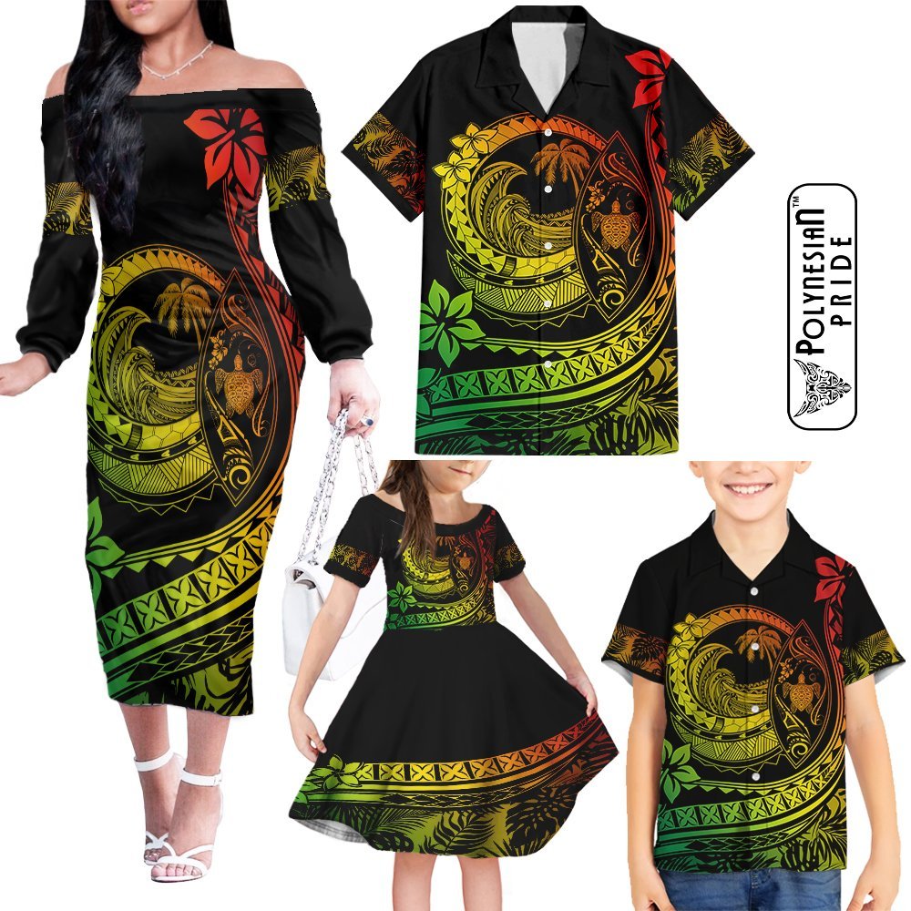 Hawaii Family Matching Outfits Polynesian Plumeria Off Shoulder Long Sleeve Dress And Shirt Family Set Clothes Ride The Waves - Reggae LT7 - Polynesian Pride