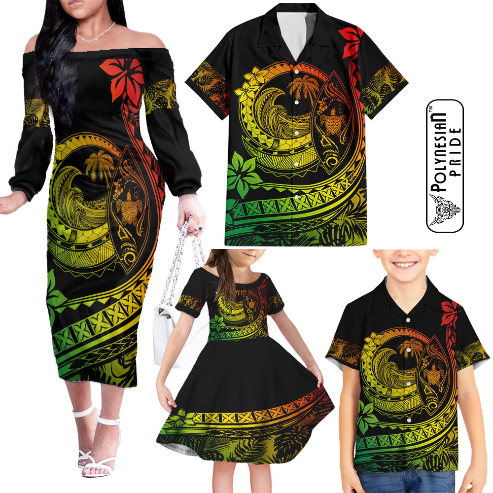 Hawaii Family Matching Outfits Polynesian Plumeria Off Shoulder Long Sleeve Dress And Shirt Family Set Clothes Ride The Waves - Reggae LT7 Reggae - Polynesian Pride