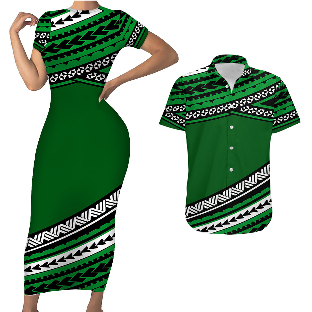 Polynesian Couples Matching Outfits Combo Bodycon Dress And Hawaii Shirt Simple Green LT6 - Polynesian Pride