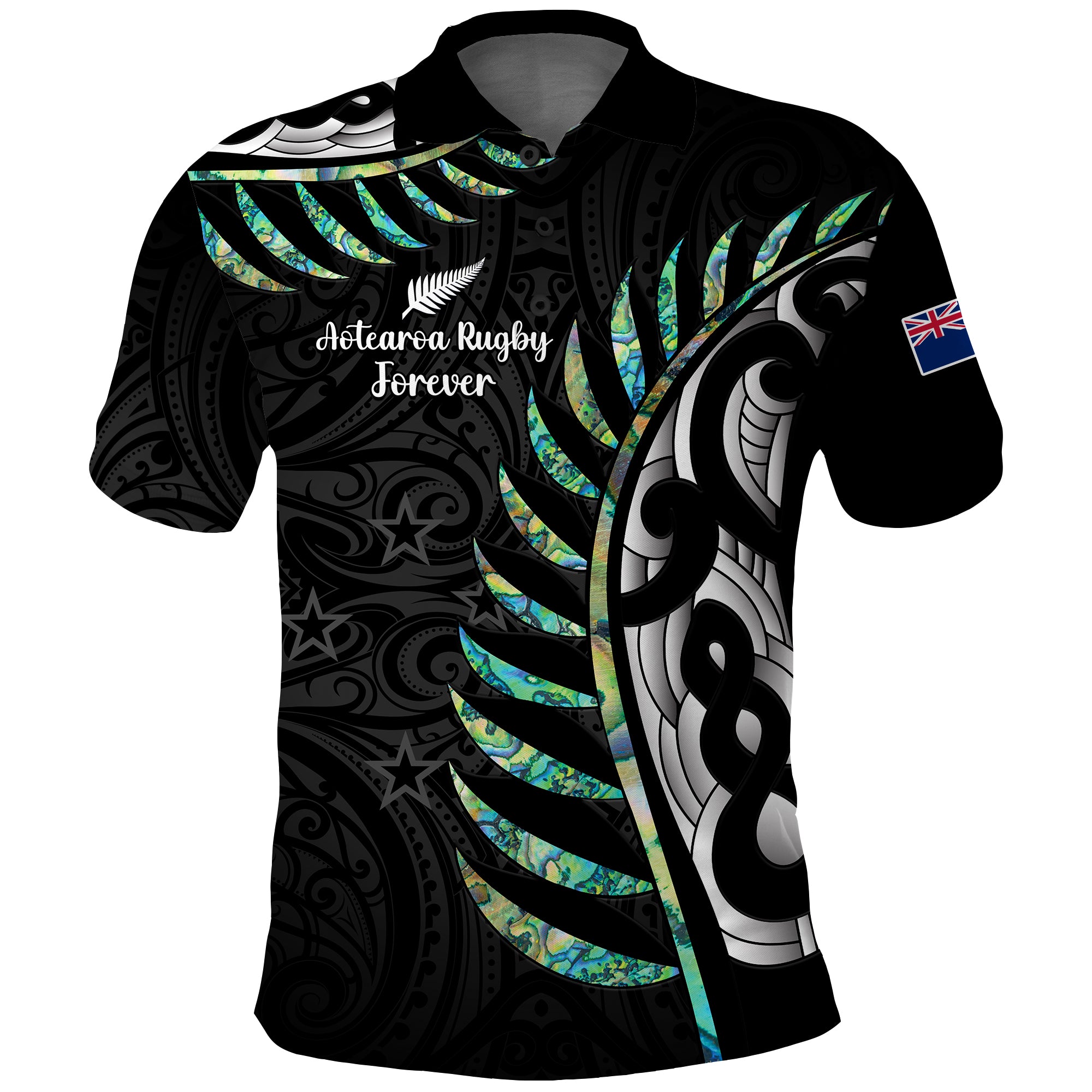 Personalised New Zealand Fern Rugby Polo Shirt Aotearoa Forever Champions Trophy LT14 Black - Polynesian Pride