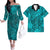 Hawaii Couples Matching Off Shoulder Long Sleeve Dress and Hawaiian Shirt Turquoise Polynesian Tribal Art LT14