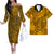 Hawaii Couples Matching Off Shoulder Long Sleeve Dress and Hawaiian Shirt Gold Polynesian Tribal Art LT14