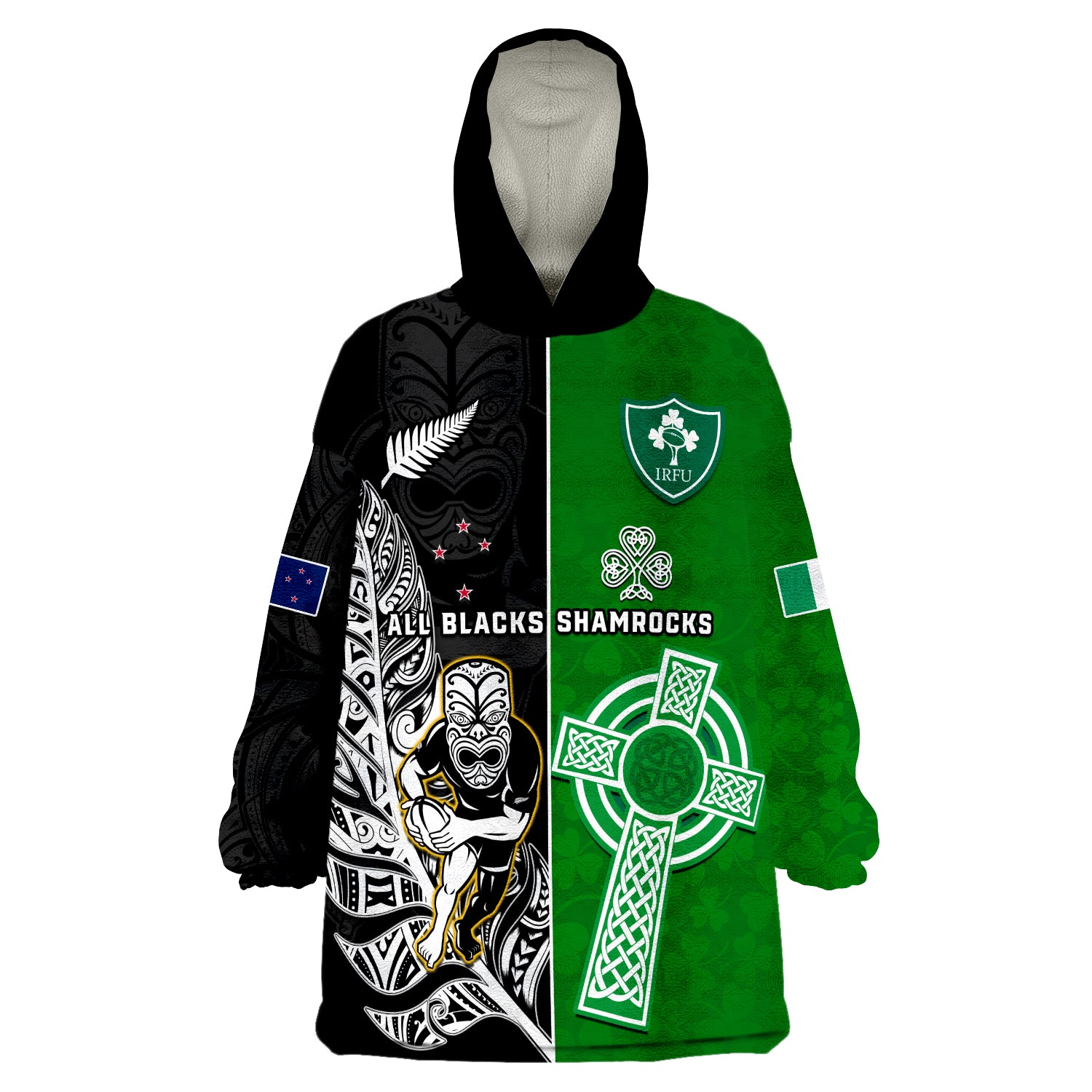 (Custom Personalised) New Zealand And Ireland Rugby Wearable Blanket Hoodie All Black Maori Mix Shamrocks LT14 Unisex One Size - Polynesian Pride