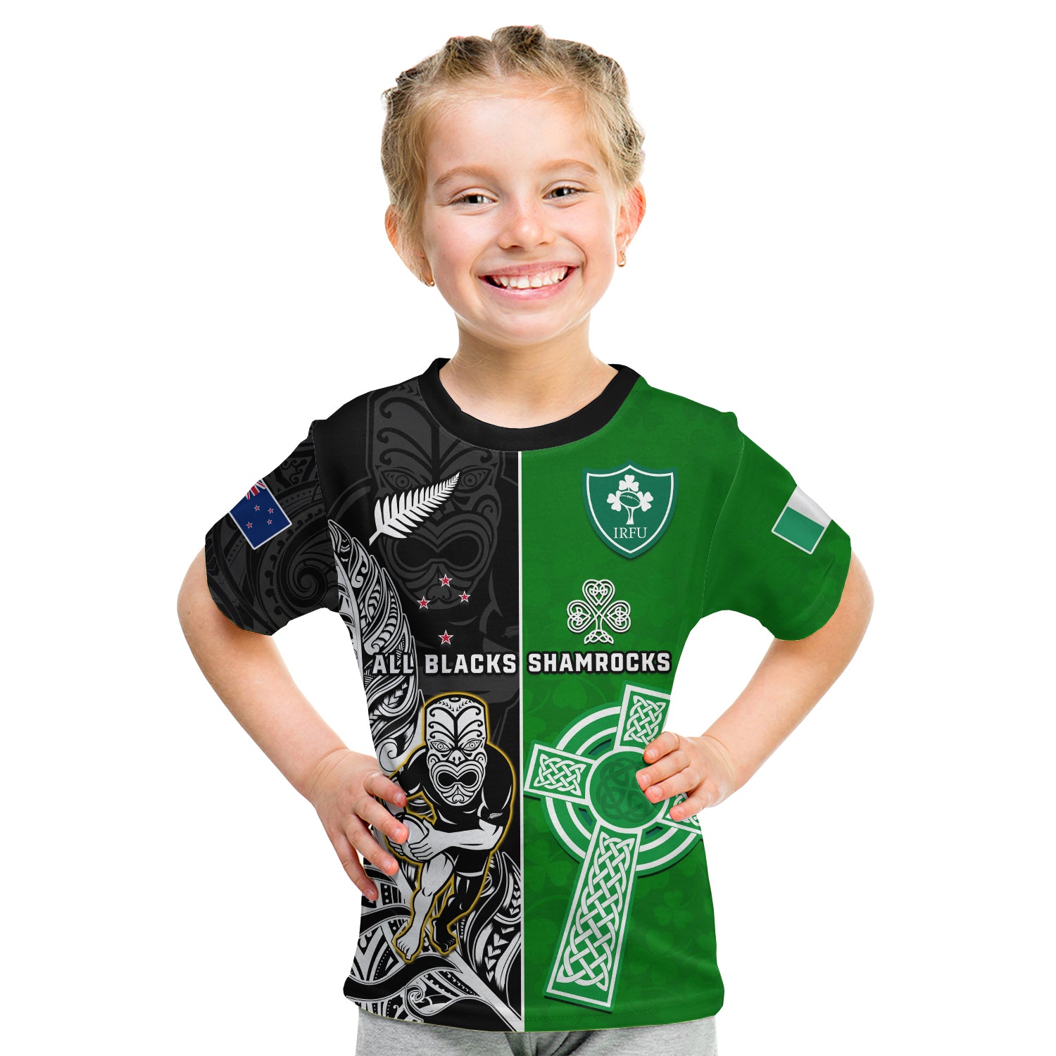 (Custom Personalised) New Zealand And Ireland Rugby T Shirt KID All Black Maori Mix Shamrocks LT14 Youth XL Size14 - Polynesian Pride