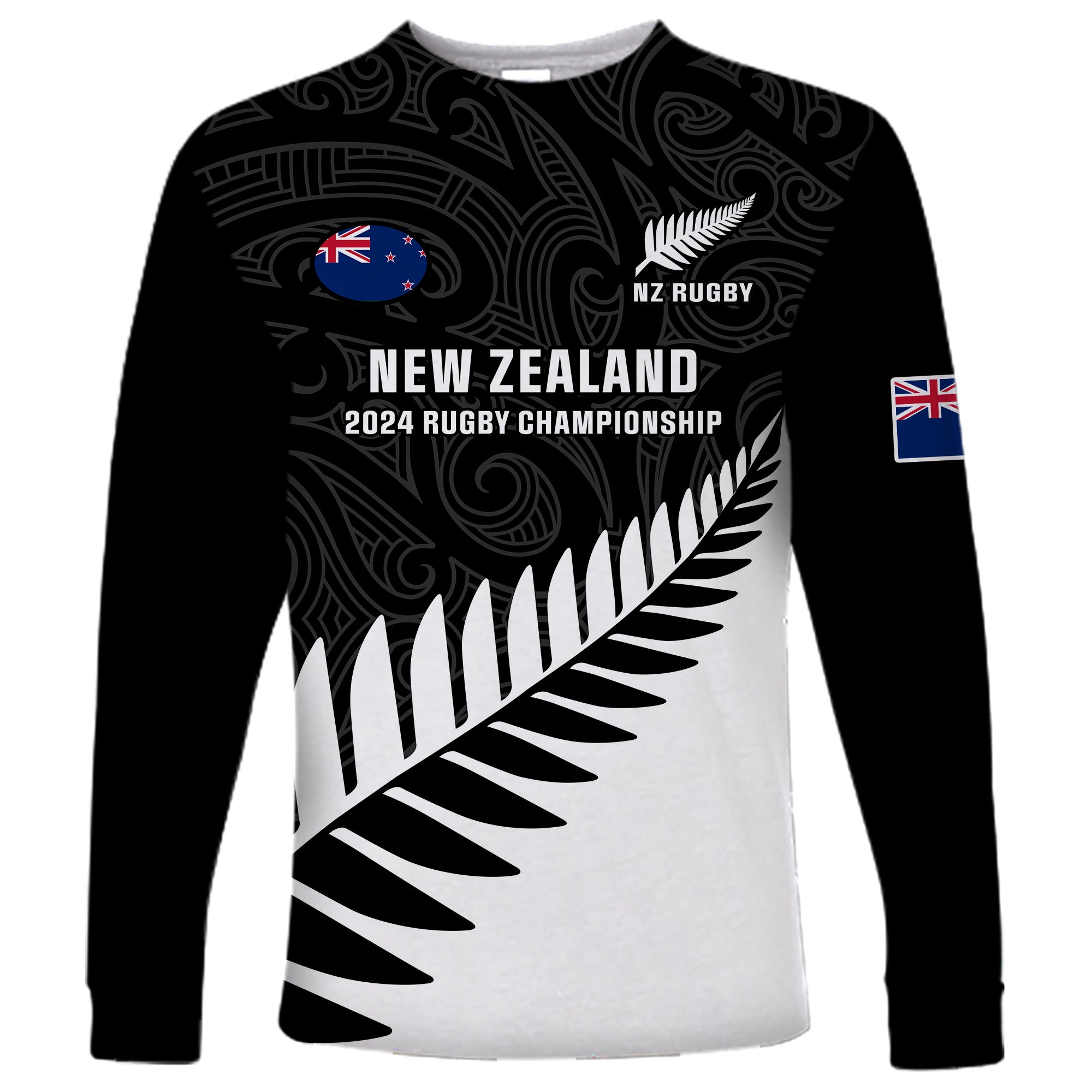 New Zealand Silver Fern Rugby Long Sleeve Shirt All Black 2023 Go Champions Maori Pattern LT14