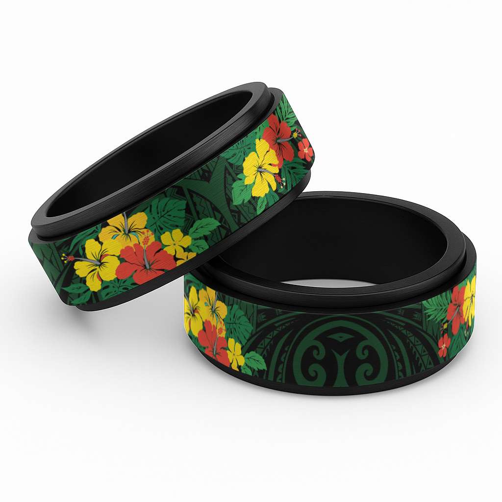 Polynesian American Samoa Spinner Ring Hibiscus Flowers LT9 Black Green - Polynesian Pride