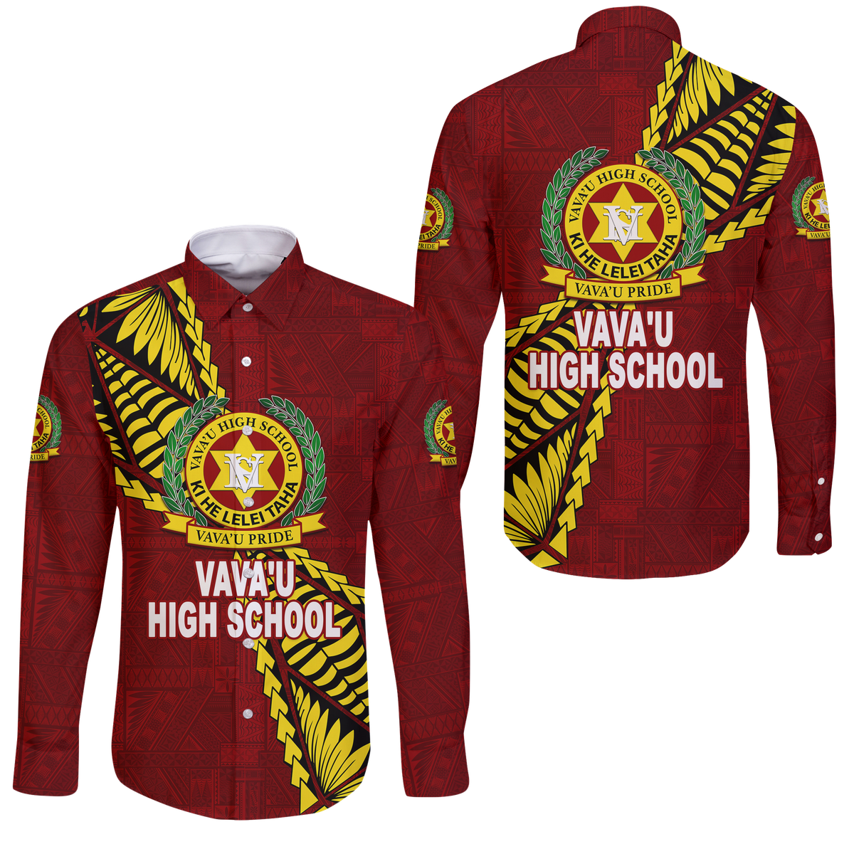 Tonga Vava'u High School Tongan Patterns Long Sleeve Button Shirt - LT12 Unisex Red - Polynesian Pride