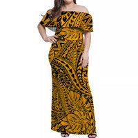 Matching Hawaiian Outfits For Couples Polynesian Tribal Art Gold LT14 - Polynesian Pride