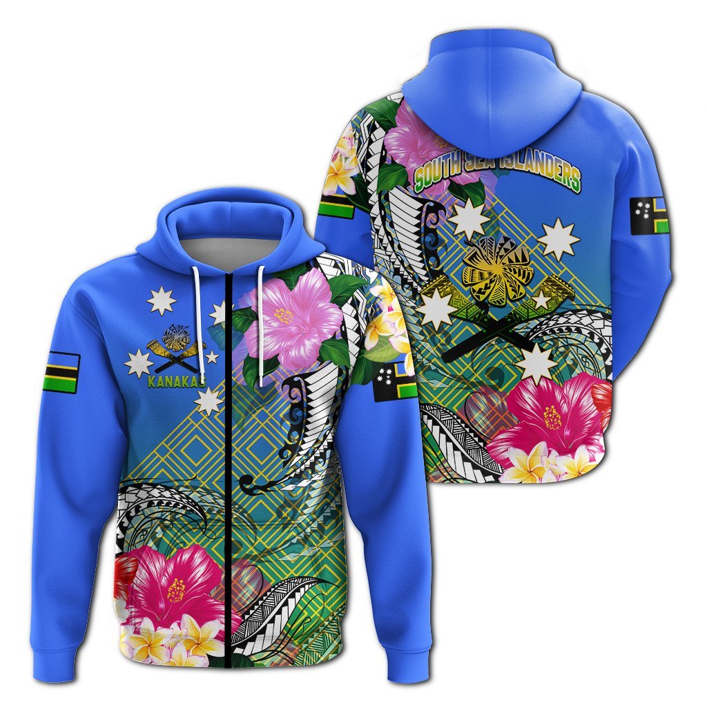 South Sea Islanders Kanakas Hibiscus Polynesia Hoodie LT2 Zip Hoodie BLUE - Polynesian Pride