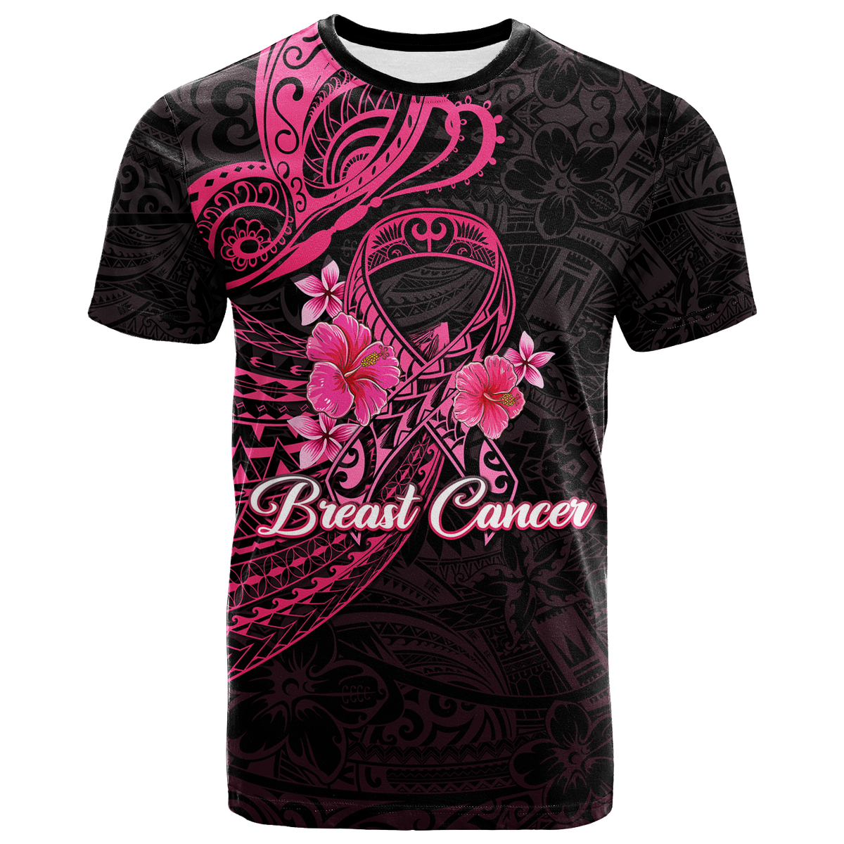 Custom Breast Cancer Pink Ribbon Butterfly Polynesian Black Version T Shirt LT12 Unisex Black - Polynesian Pride