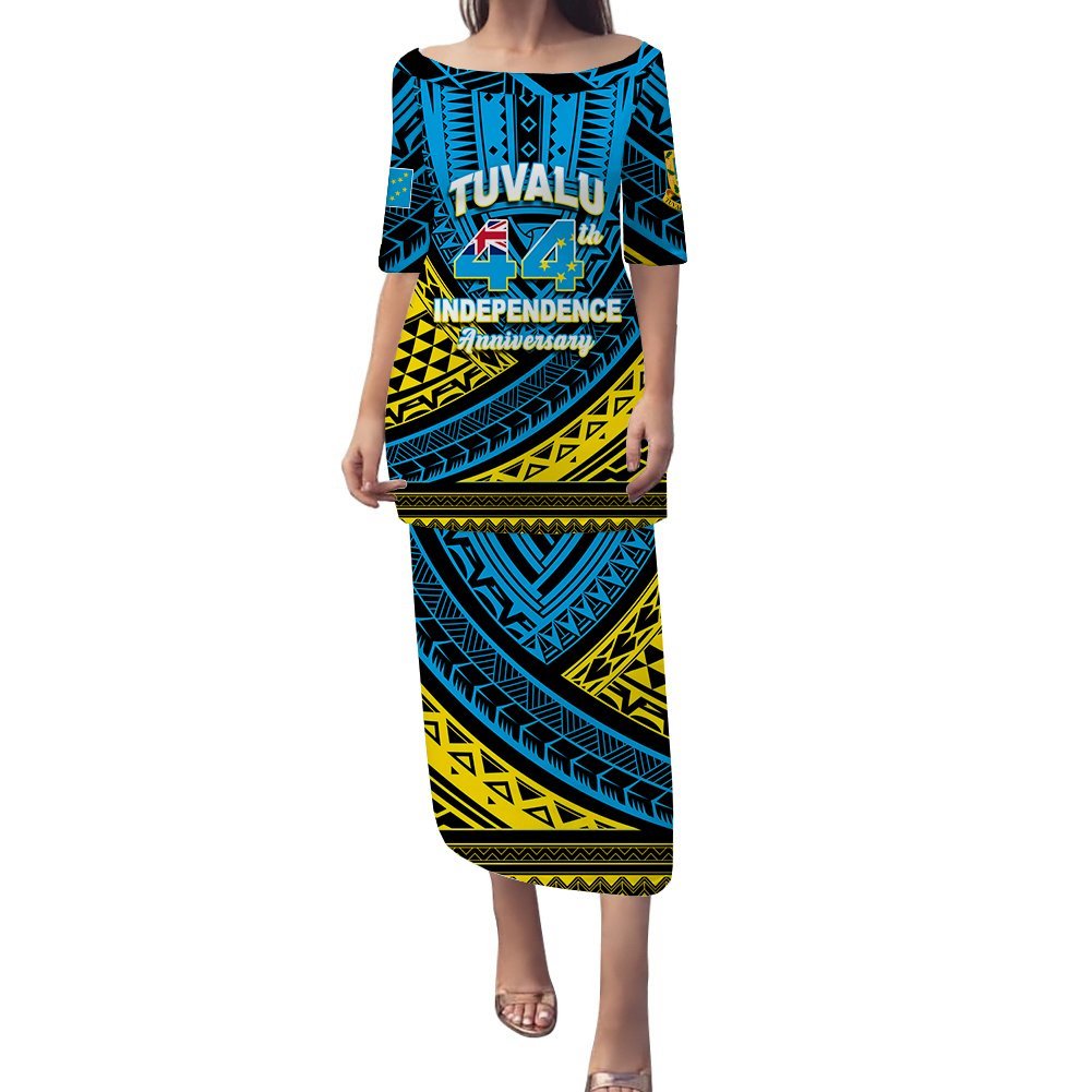 (Custom Personalised) Tuvalu Puletasi Dress 44th Independence Anniversary - Tribal Pattern - LT12 Long Dress Blue - Polynesian Pride