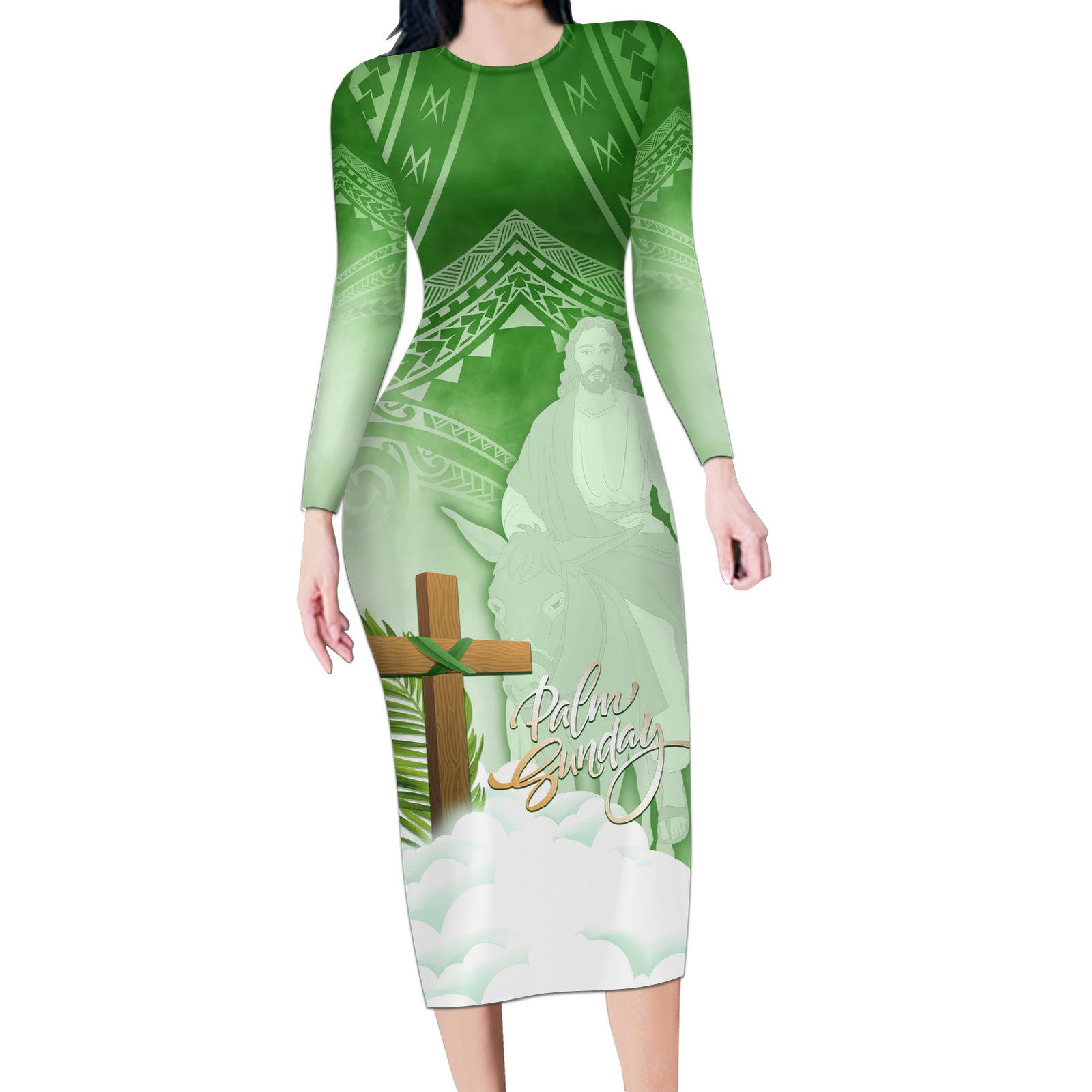 Happy Palm Sunday Long Sleeve Bodycon Dress With Polynesian Pattern LT05 - Polynesian Pride