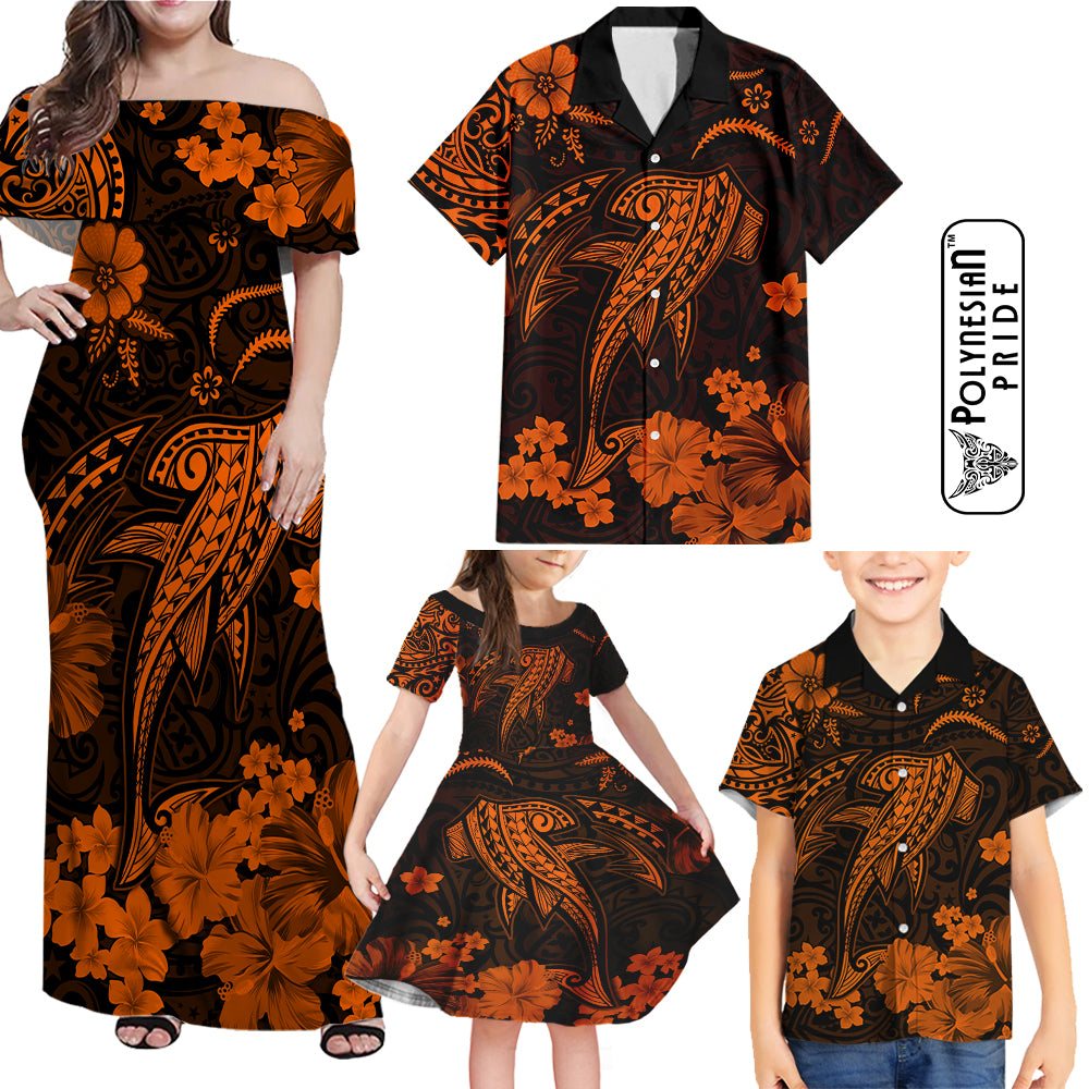 Hawaii Family Matching Outfits Off Shoulder Maxi Dress And Hawaiian Shirt Polynesia Orange Shark LT14 - Polynesian Pride