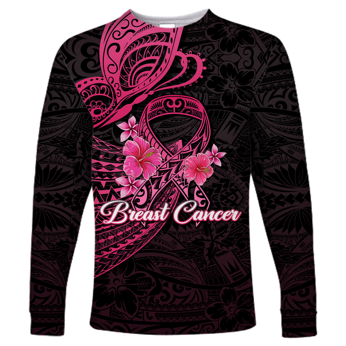 (Custom Personalised) Breast Cancer Pink Ribbon Butterfly Polynesian Black Version Long Sleeve Shirt - LT12 Unisex Black - Polynesian Pride