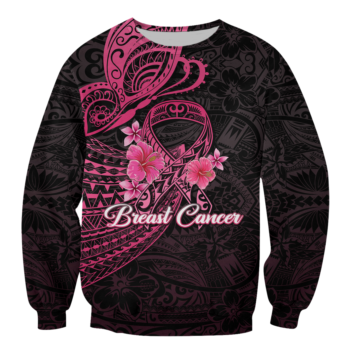 Breast Cancer Pink Ribbon Butterfly Polynesian Black Version Sweatshirt - LT12 Unisex Black - Polynesian Pride