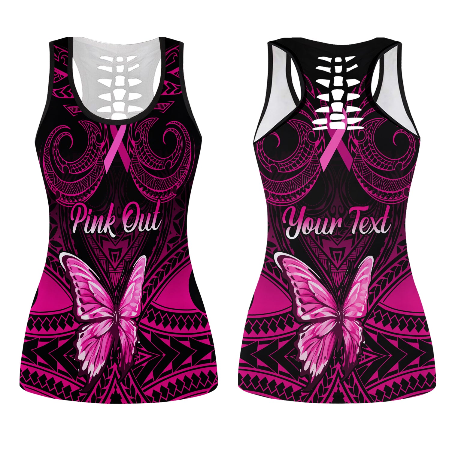 Personalised Pink Out Hollow Tank Top Breast Cancer Awareness Polynesian Pattern Black Version LT01 Female Pink - Polynesian Pride