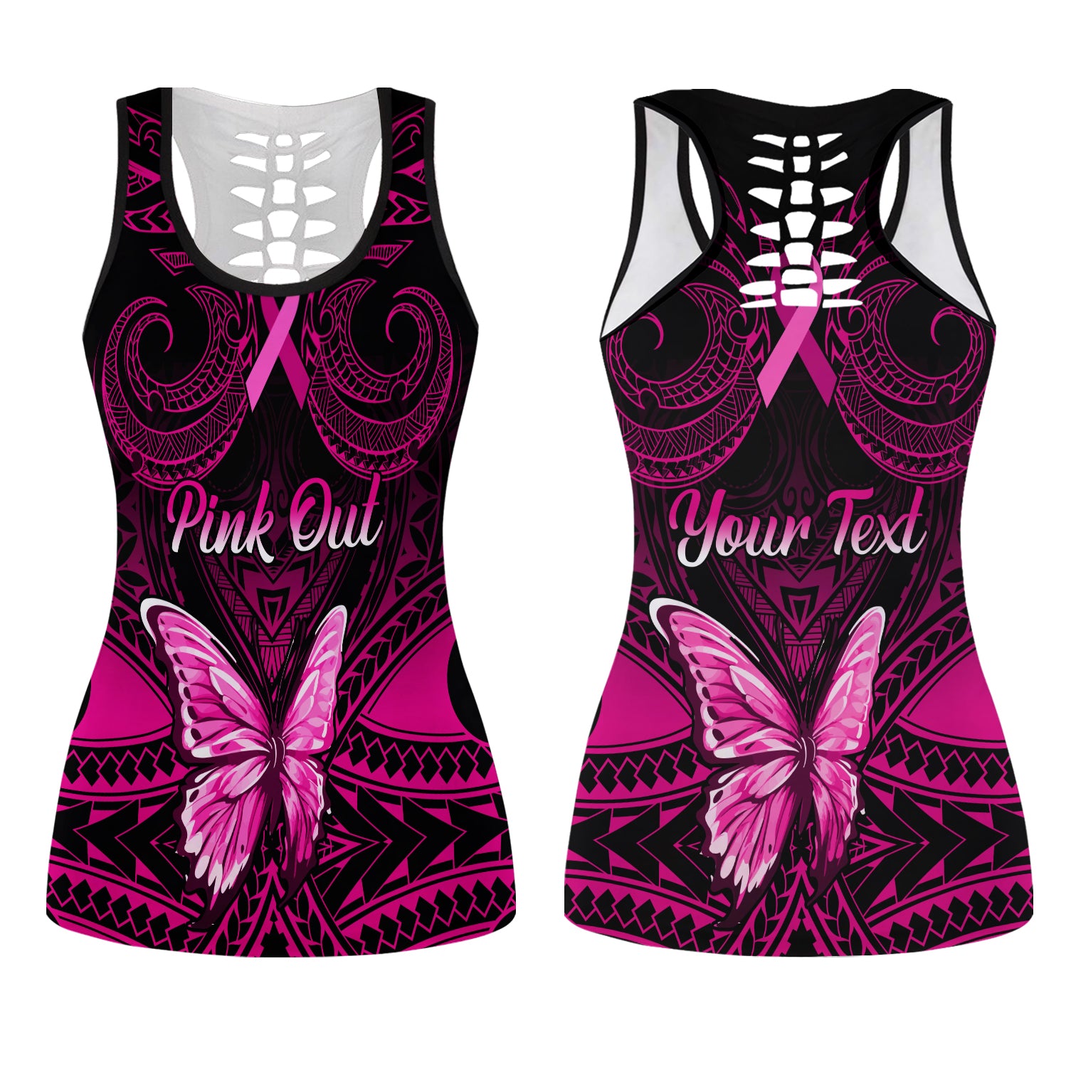 Personalised Pink Out Hollow Tank Top Breast Cancer Awareness Polynesian Pattern Black Version LT01