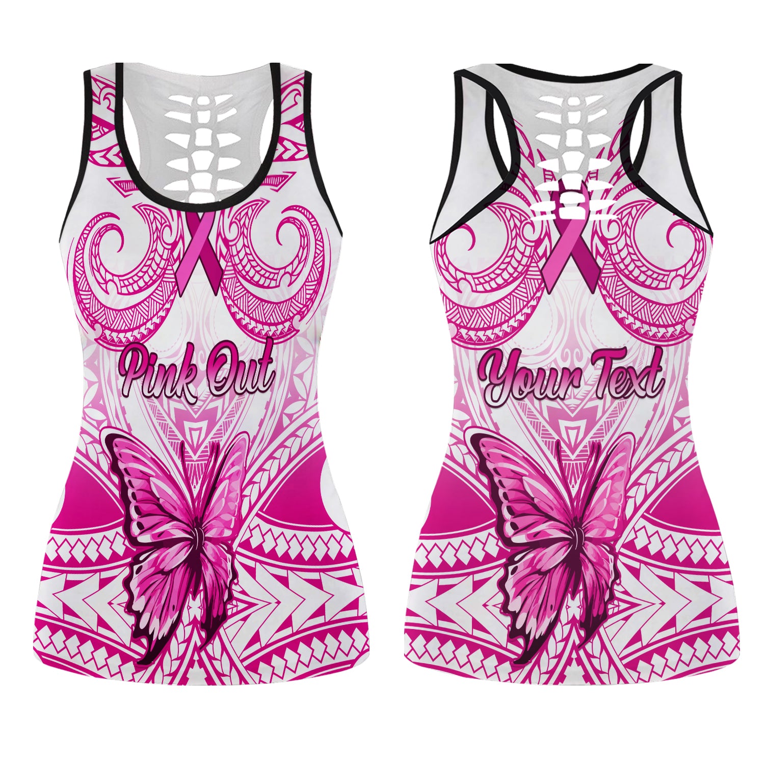 Personalised Pink Out Hollow Tank Top Breast Cancer Awareness Polynesian Pattern White Version LT01