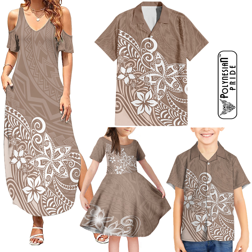 Hawaii Family Matching Outfits Polynesia Summer Maxi Dress And Shirt Family Set Clothes Plumeria Beige Curves LT7 Beige - Polynesian Pride