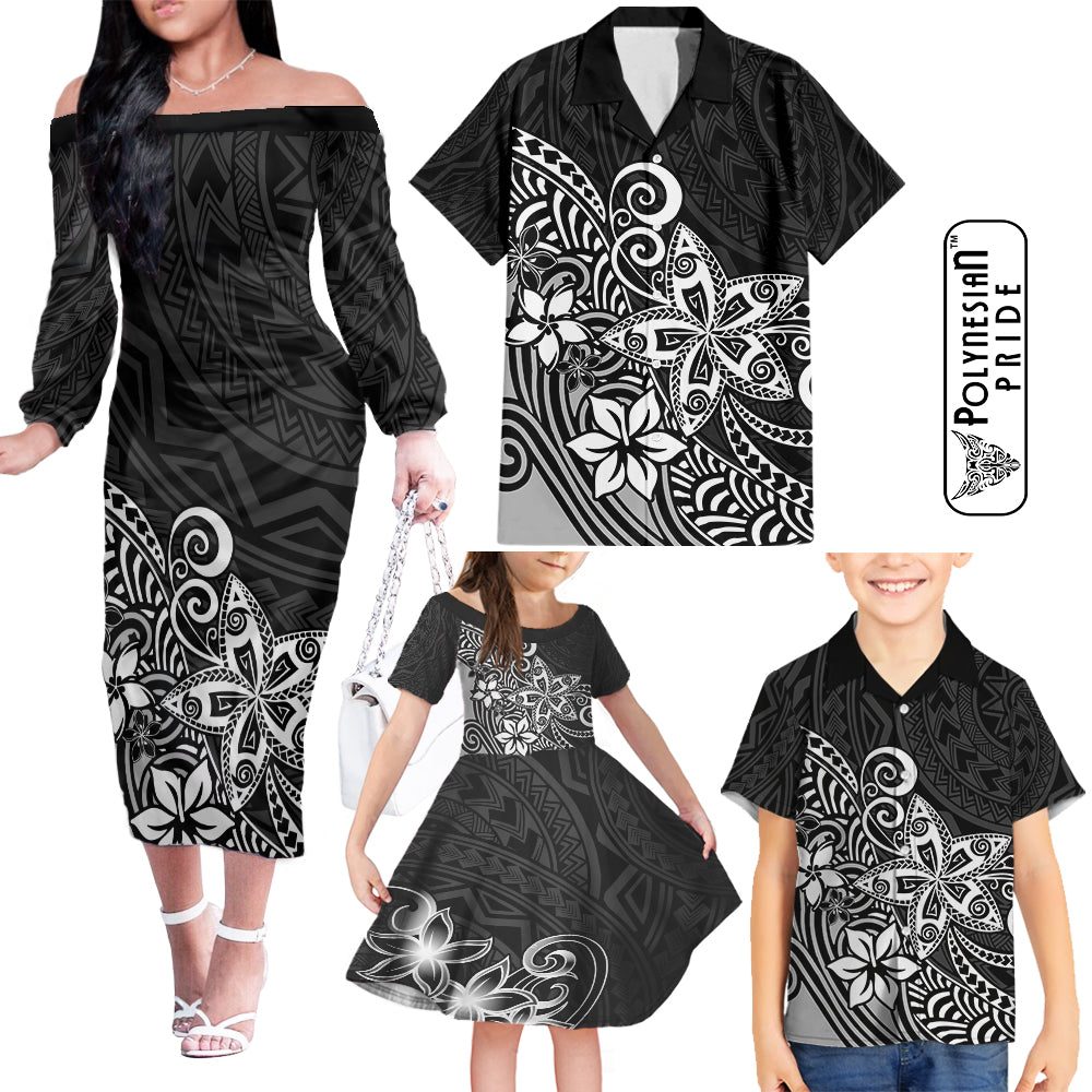 Hawaii Family Matching Outfits Polynesia Off Shoulder Long Sleeve Dress And Shirt Family Set Clothes Plumeria Black Curves LT7 Black - Polynesian Pride