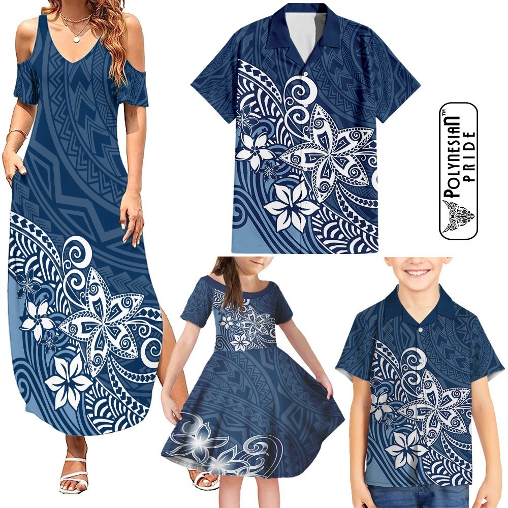 Hawaii Family Matching Outfits - Polynesia Summer Maxi Dress and Shirt Plumeria Navy Curves LT7 - Polynesian Pride