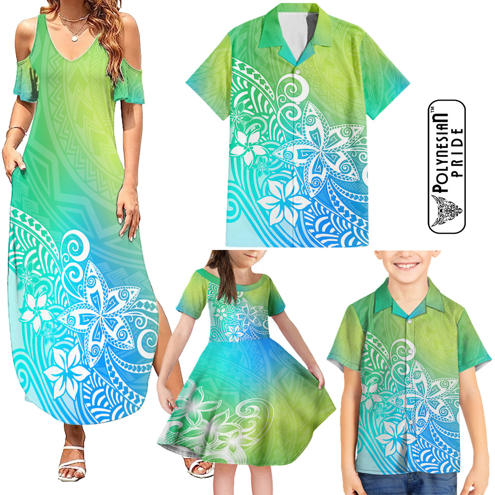 Hawaii Family Matching Outfits Polynesia Summer Maxi Dress And Shirt Family Set Clothes Plumeria Blue Gradient Curves LT7 Blue Green - Polynesian Pride