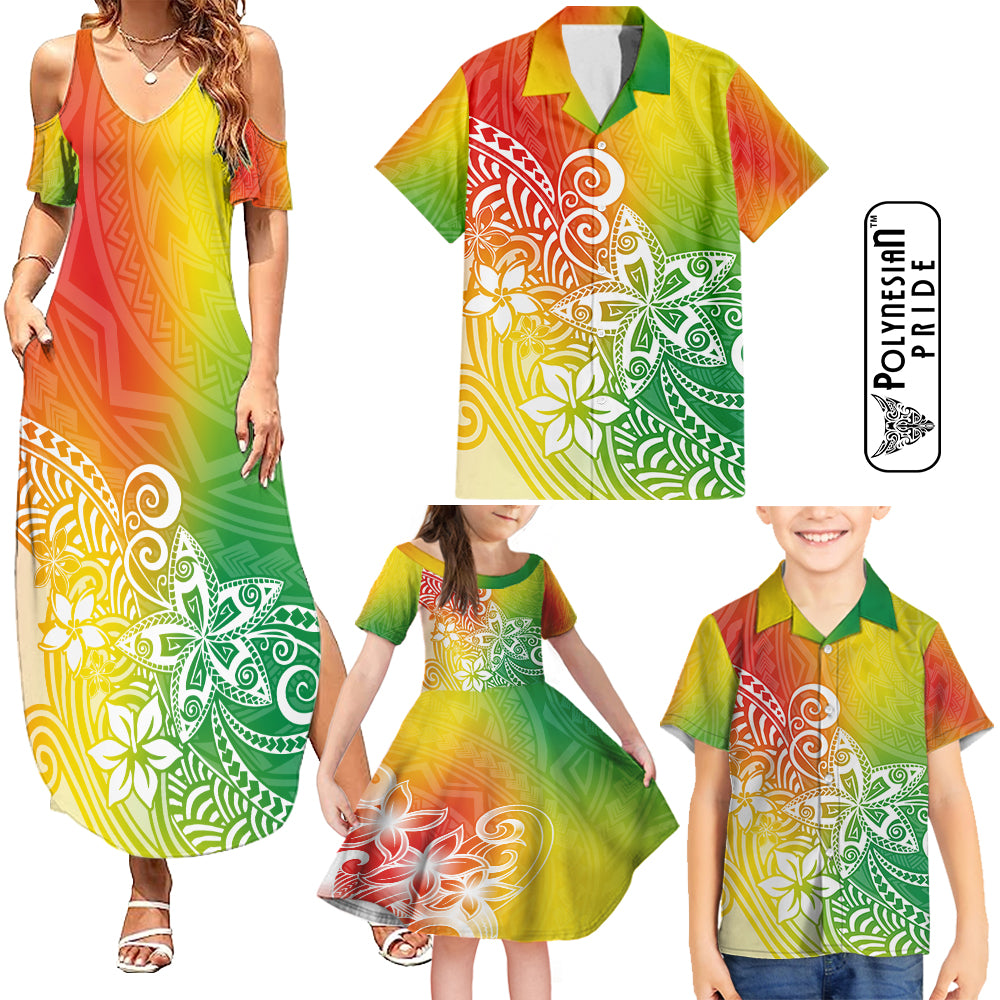 Hawaii Family Matching Outfits Polynesia Summer Maxi Dress And Shirt Family Set Clothes Plumeria Reggae Curves LT7 Reggae - Polynesian Pride