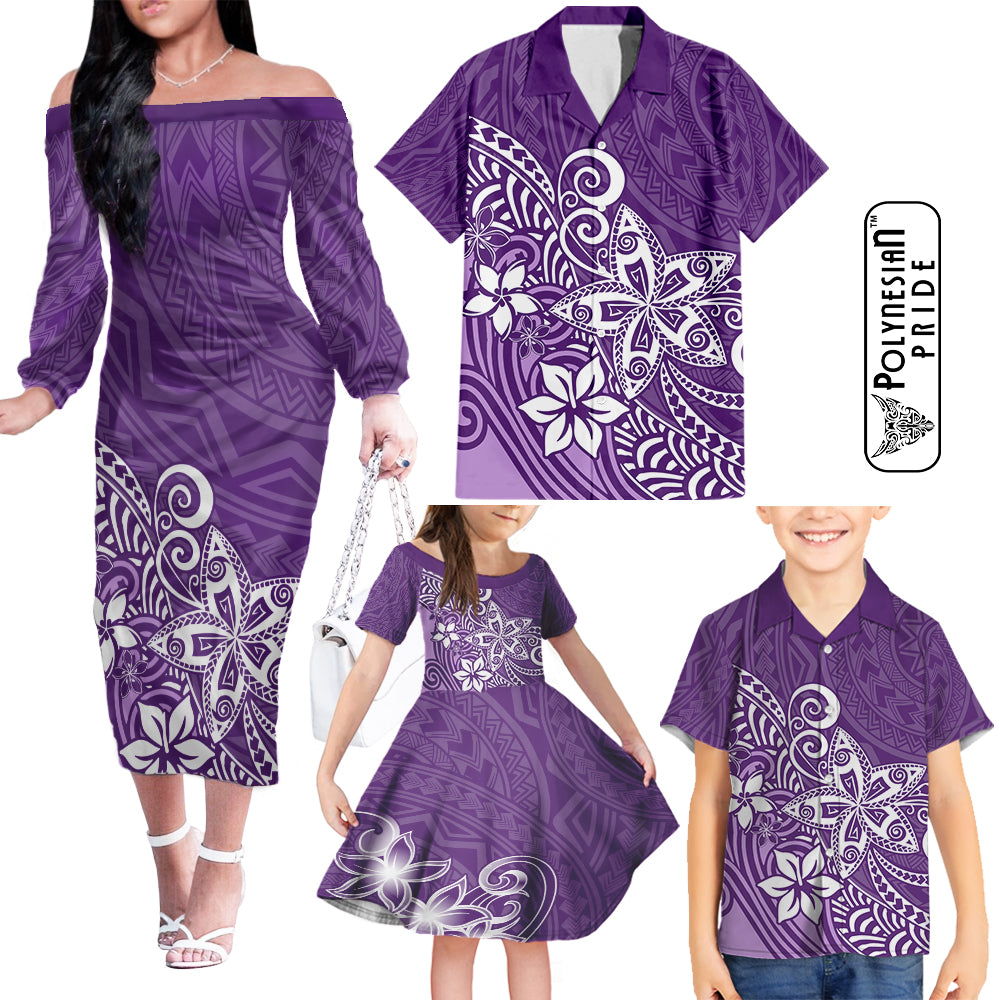 Hawaii Family Matching Outfits Polynesia Off Shoulder Long Sleeve Dress And Shirt Family Set Clothes Plumeria Purple Curves LT7 Purple - Polynesian Pride