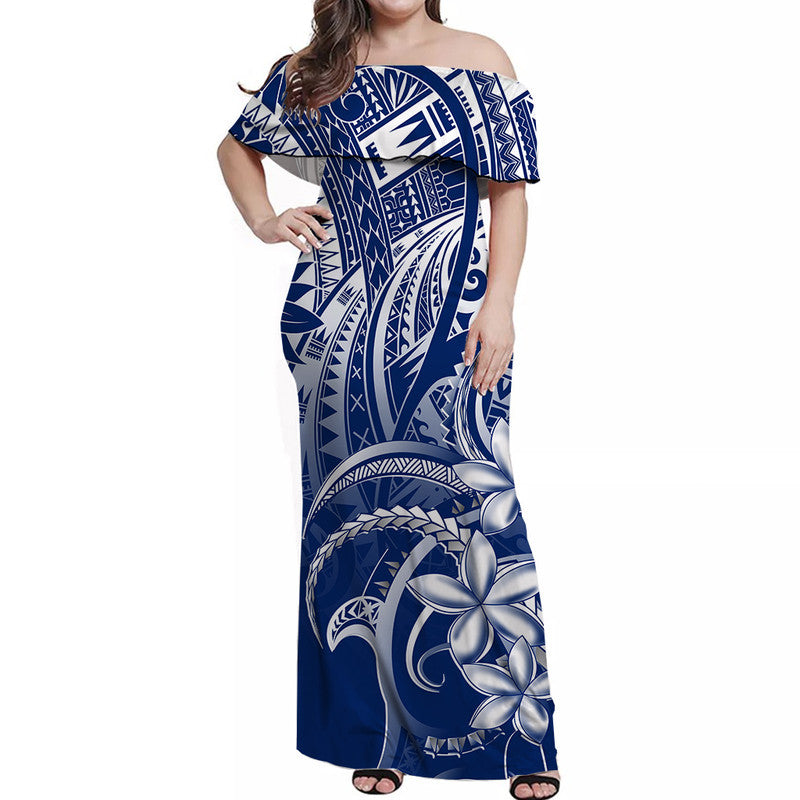 Polynesian Pride Off Shoulder Long Dress Polynesia Tribal Royal Blue LT14 Women Blue - Polynesian Pride