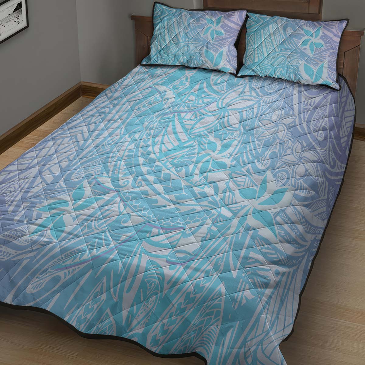 Baby Blue Gradient Polynesia Quilt Bed Set Hawaiian Tribal Hammerhead Shark Tattoo LT14 Baby Blue - Polynesian Pride