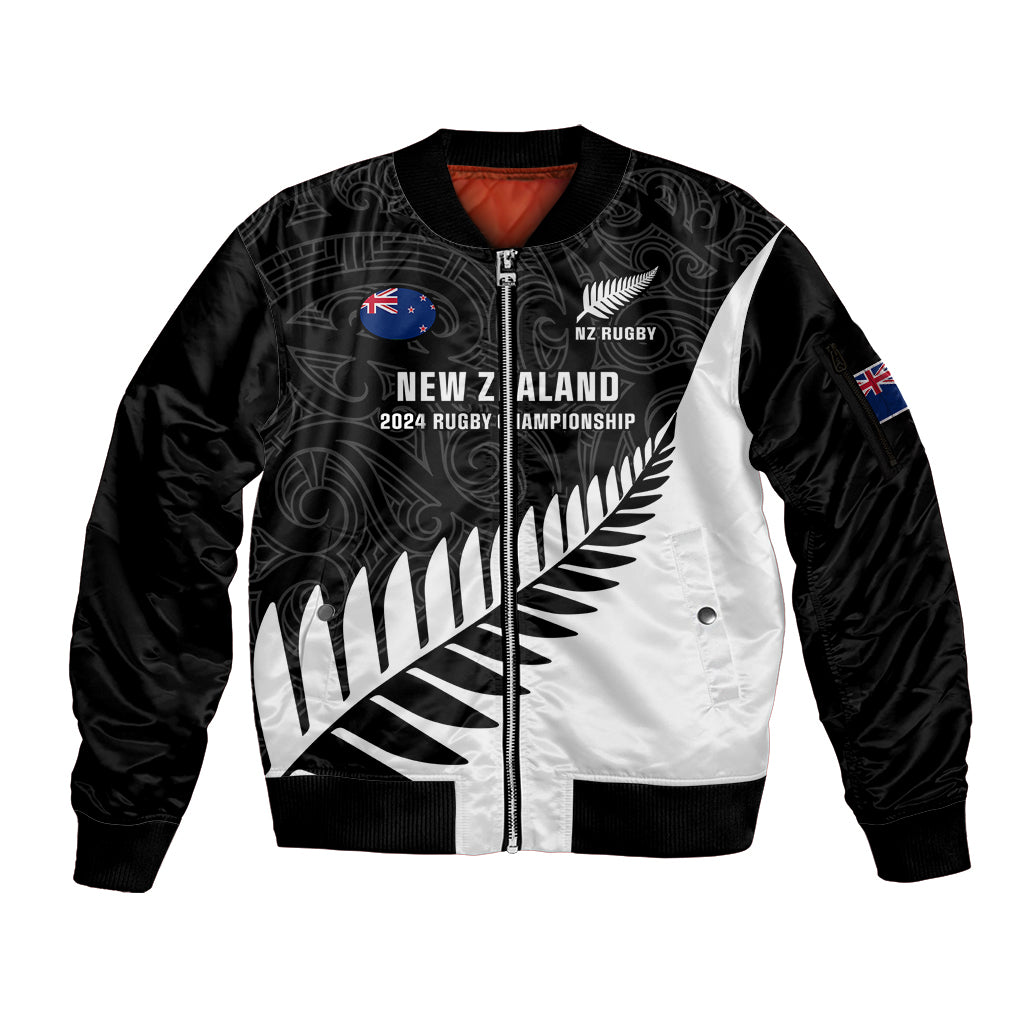 Personalised New Zealand Silver Fern Rugby Sleeve Zip Bomber Jacket All Black 2023 Go Champions Maori Pattern LT14