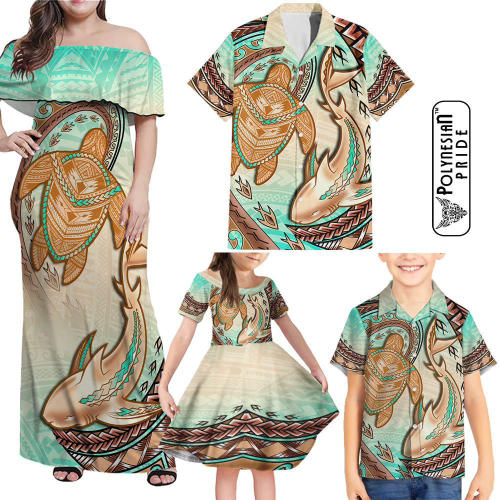 Hawaii Family Matching Outfits Off Shoulder Maxi Dress And Hawaiian Shirt Polynesian Shark Sea Turtle Dreamy LT14 - Polynesian Pride