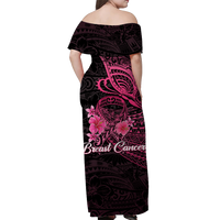 Breast Cancer Pink Ribbon Butterfly Polynesian Black Version Off Shoulder Long Dress - LT12 - Polynesian Pride