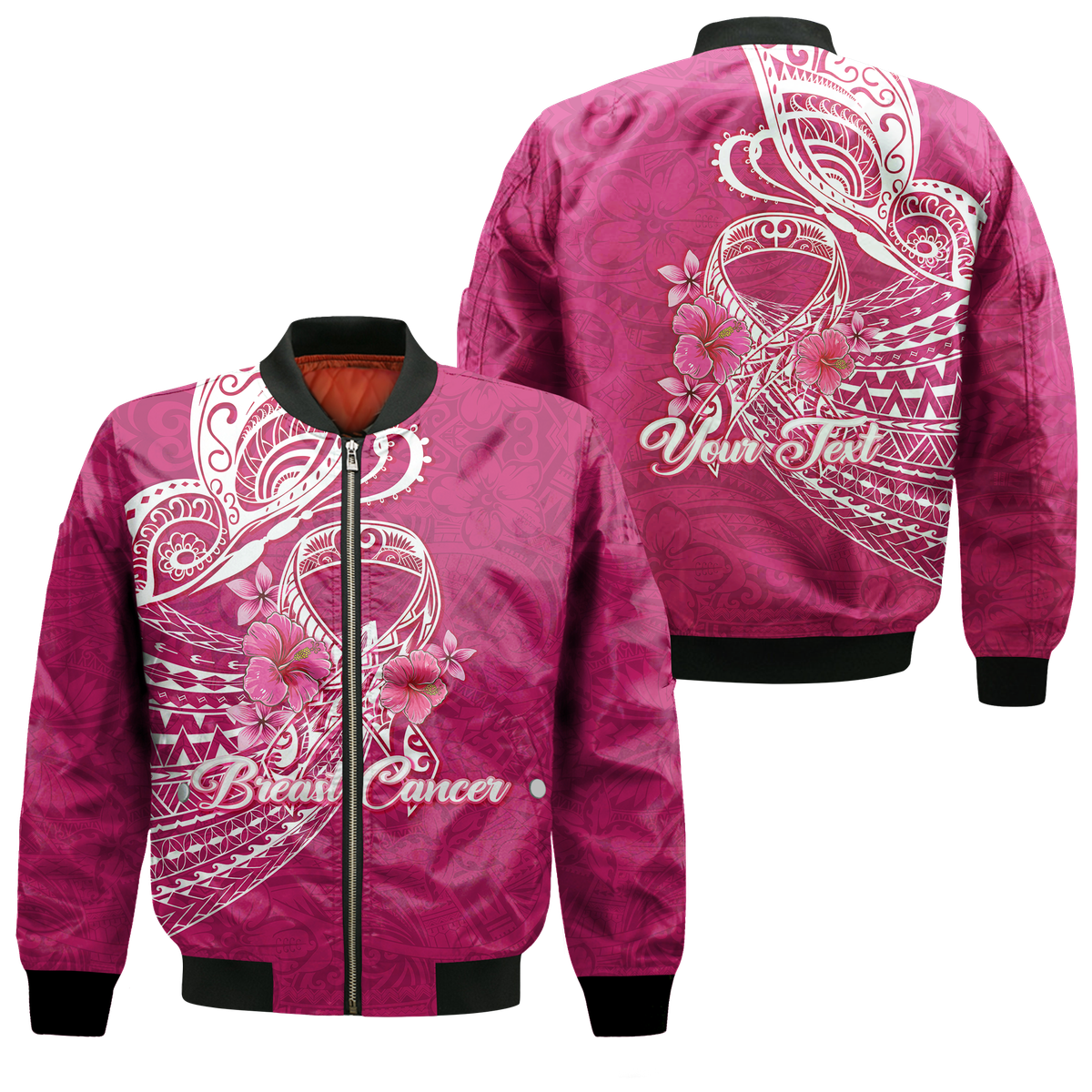 (Custom Personalised) Breast Cancer Pink Ribbon Butterfly Polynesian Pink Version Bomber Jacket - LT12 Bomber Jacket Pink - Polynesian Pride