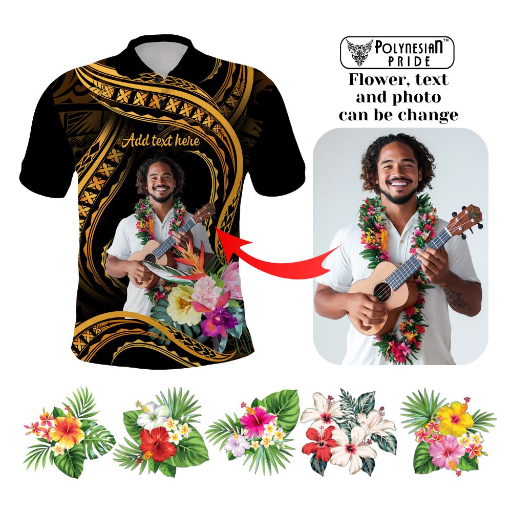 Custom Photo Pacific Tribal Tattoo Polo Shirt with Flowers Bouquet CTM09