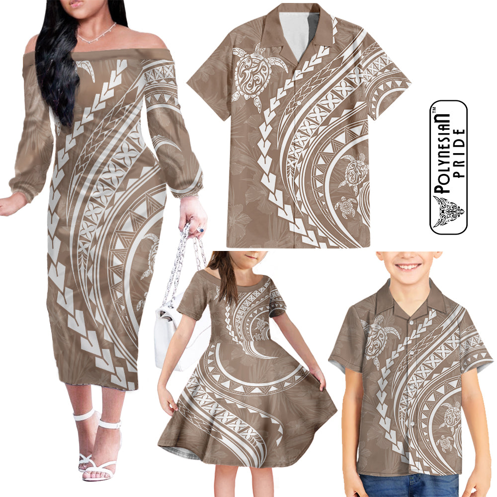 Hawaii Family Matching Outfits Polynesian Pride Off Shoulder Long Sleeve Dress And Shirt Family Set Clothes Turtle Hibiscus Luxury Style - Beige LT7 Beige - Polynesian Pride