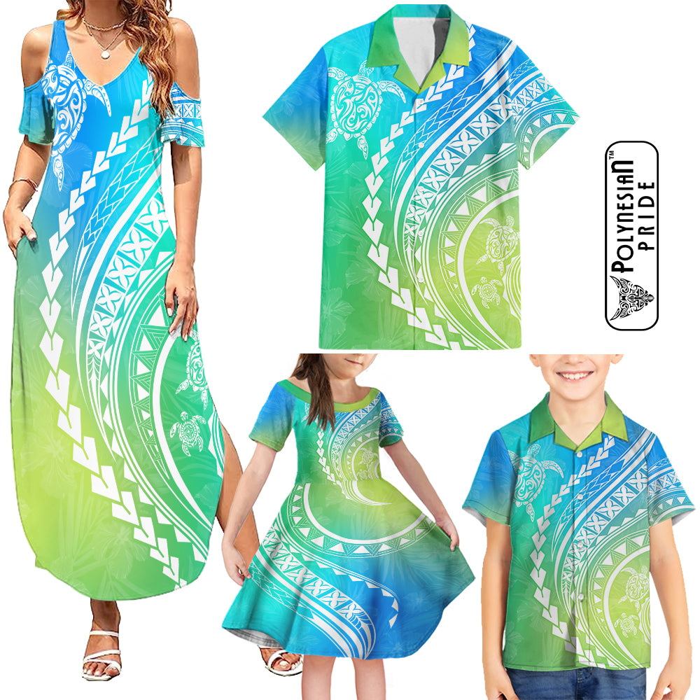 Hawaii Family Matching Outfits Polynesian Pride Summer Maxi Dress And Shirt Family Set Clothes Turtle Hibiscus Luxury Style - Gradient Blue LT7 Blue Green - Polynesian Pride