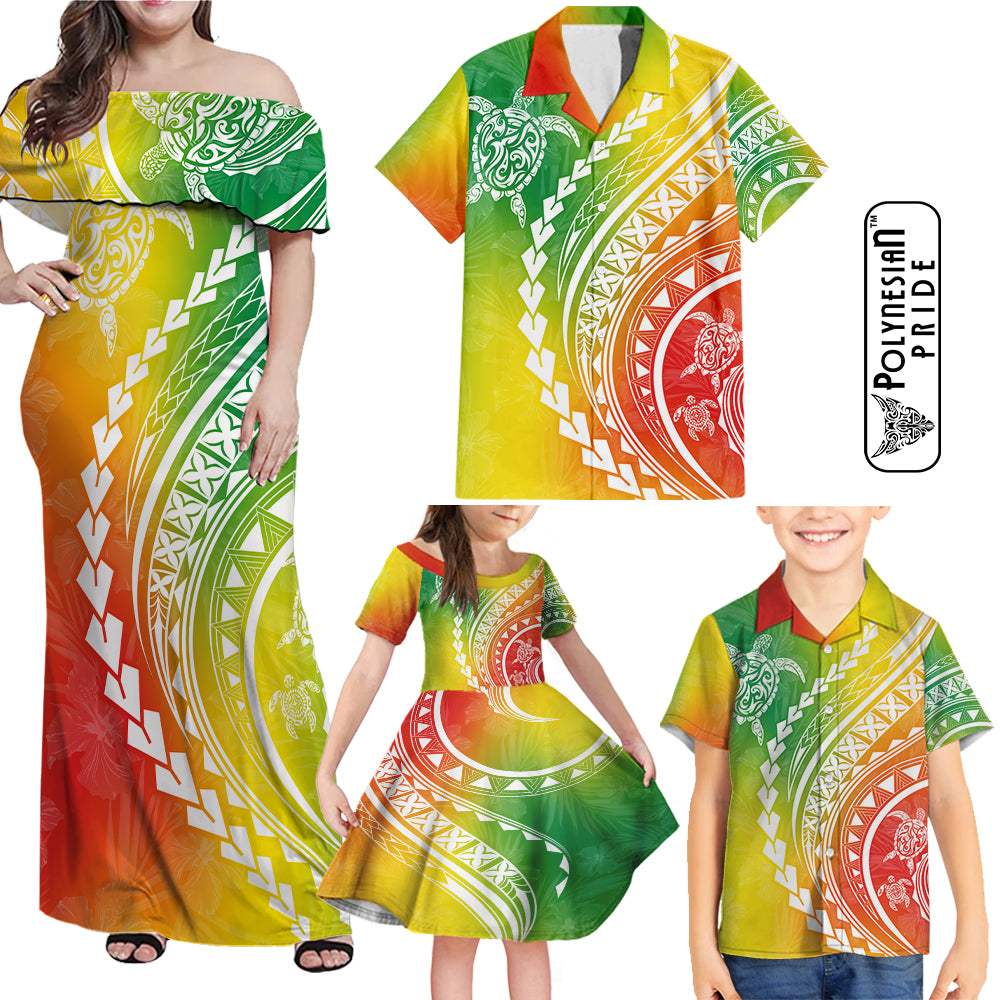 Hawaii Family Matching Outfits Polynesian Pride Off Shoulder Maxi Dress And Shirt Family Set Clothes Turtle Hibiscus Luxury Style - Reggae LT7 Reggae - Polynesian Pride