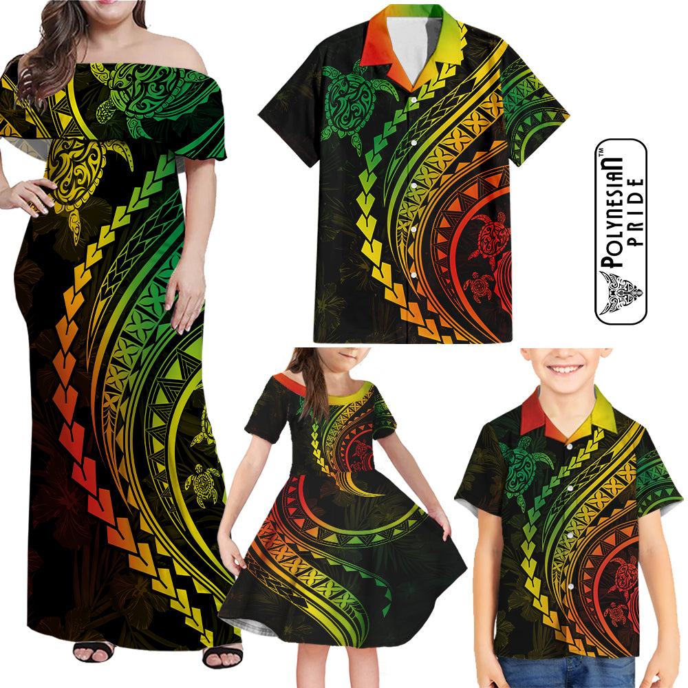 Hawaii Family Matching Outfits Polynesian Pride Off Shoulder Maxi Dress And Shirt Family Set Clothes Turtle Hibiscus Luxury Style - Reggae Ver2 LT7 Reggae - Polynesian Pride