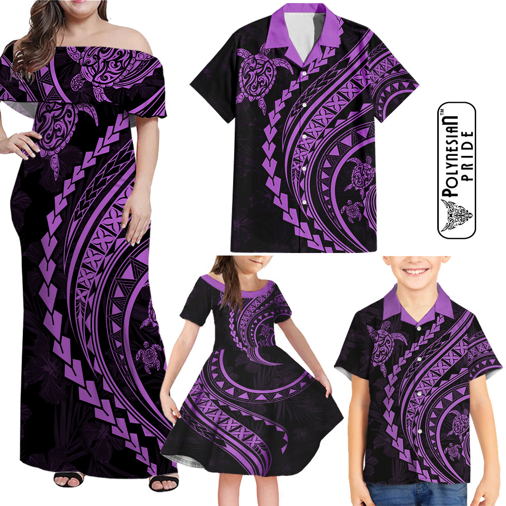 Hawaii Family Matching Outfits Polynesian Pride Off Shoulder Maxi Dress And Shirt Family Set Clothes Turtle Hibiscus Luxury Style - Lilac LT7 Purple - Polynesian Pride