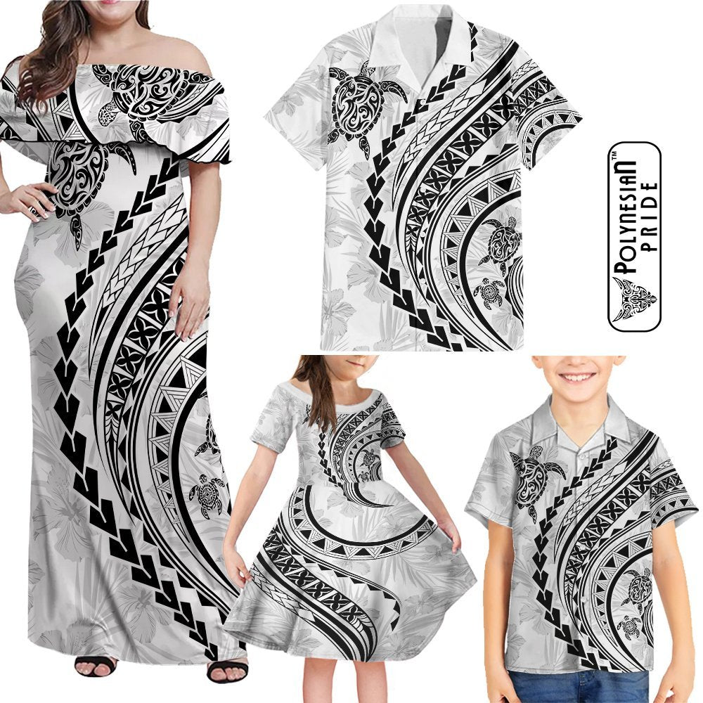 Hawaii Family Matching Outfits Polynesian Pride Off Shoulder Maxi Dress And Shirt Family Set Clothes Turtle Hibiscus Luxury Style - White LT7 - Polynesian Pride