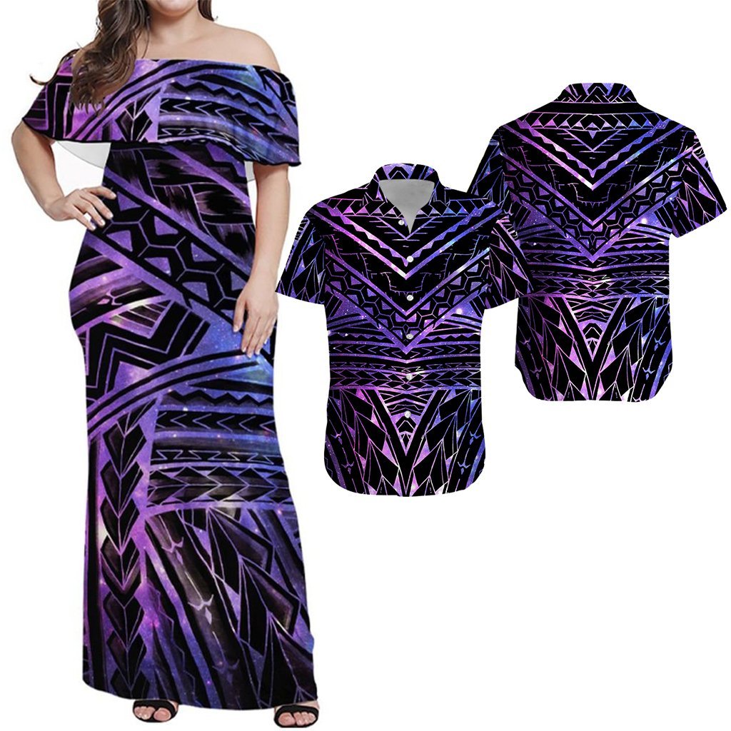 Hawaiian Matching Dress and Hawaiian Shirt Polynesian Spearhead Purple Galaxy RLT14 No Dress - Polynesian Pride