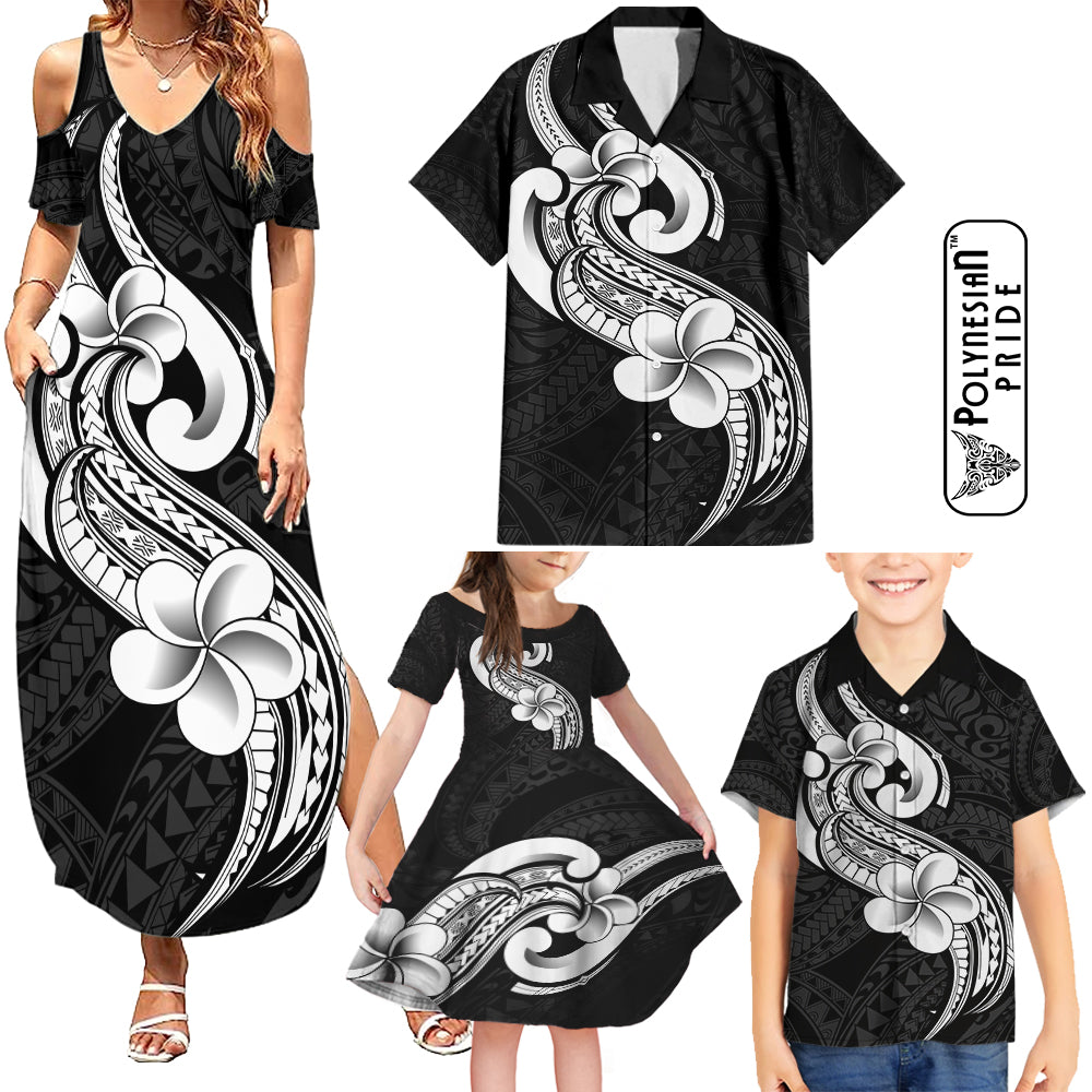 Polynesia Family Matching Outfits Summer Maxi Dress And Hawaiian Shirt Plumeria With Tribal Pattern Black Vibes LT14 - Polynesian Pride