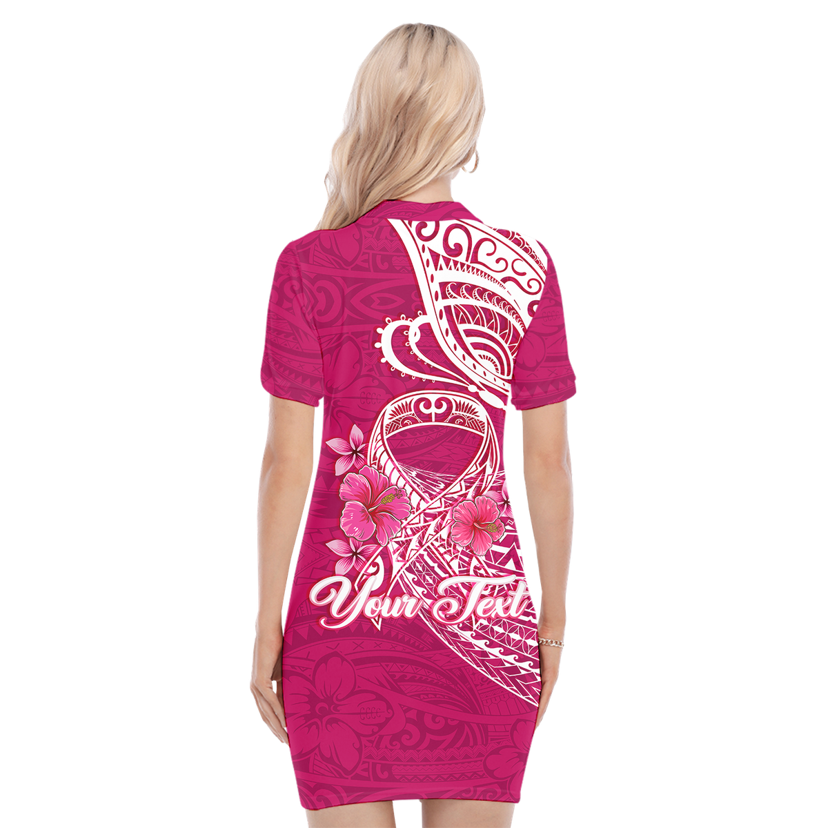 (Custom Personalised) Breast Cancer Pink Ribbon Butterfly Polynesian Pink Version Polo Dress - LT12 - Polynesian Pride