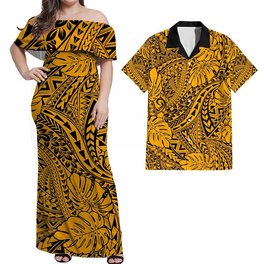 Matching Hawaiian Outfits For Couples Polynesian Tribal Art Gold LT14 Gold - Polynesian Pride