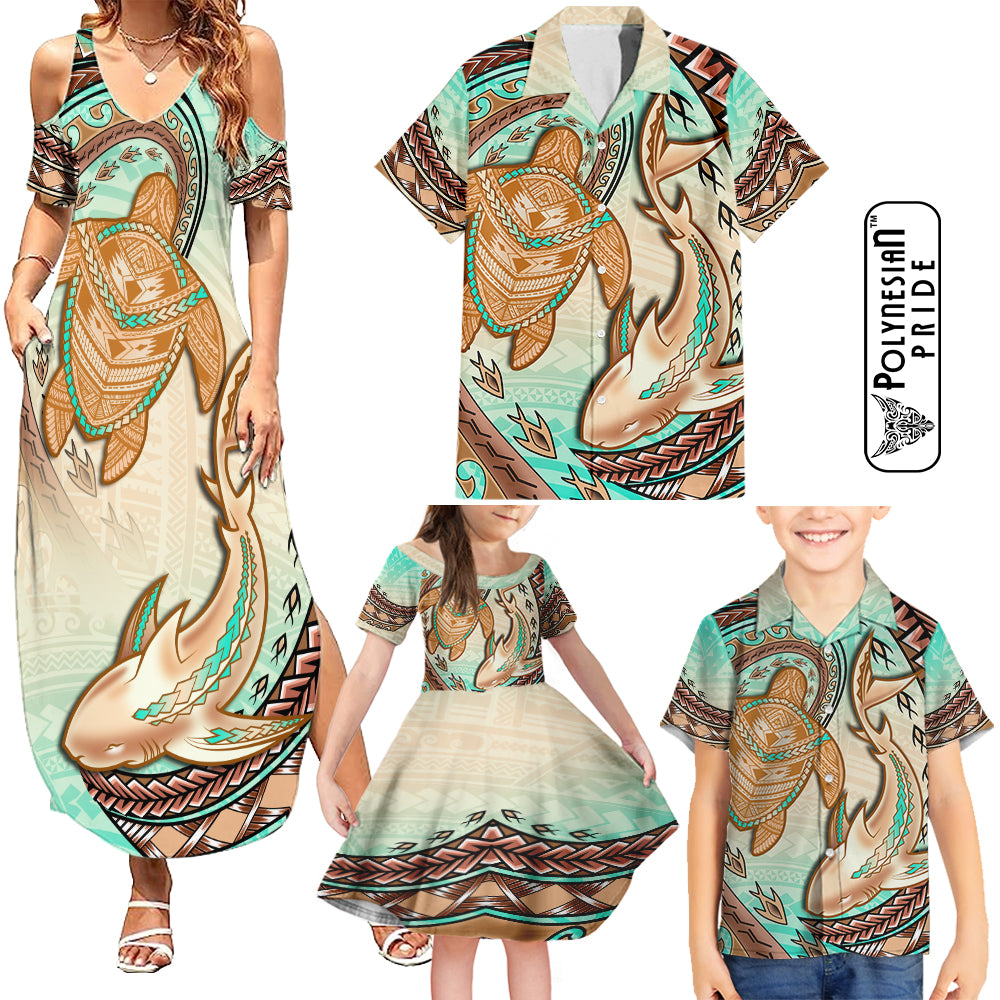 Hawaii Family Matching Outfits Polynesian Pride Summer Maxi Dress And Shirt Polynesian Shark Sea Turtle Dreamy LT14 - Polynesian Pride