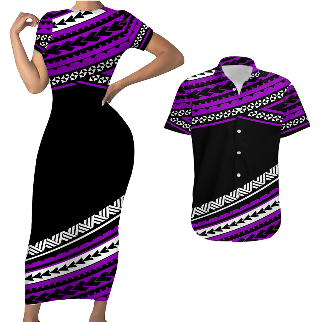 Polynesian Couples Matching Outfits Combo Bodycon Dress And Hawaii Shirt Simple Purple No.1 LT6 - Polynesian Pride