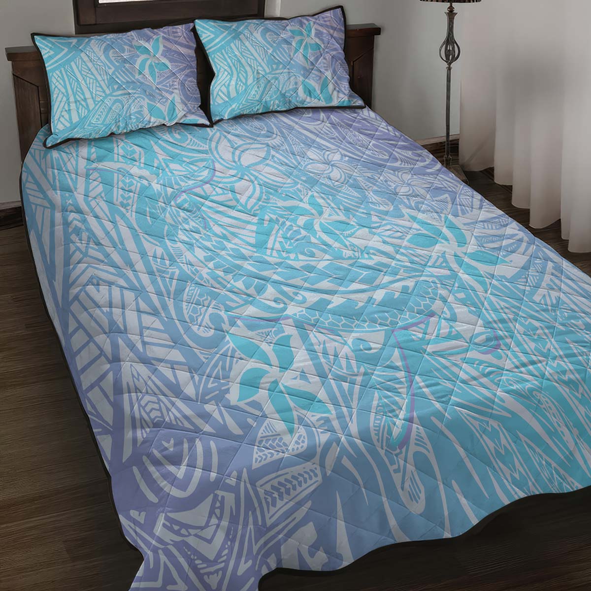 Baby Blue Gradient Polynesia Quilt Bed Set Hawaiian Tribal Hammerhead Shark Tattoo LT14 - Polynesian Pride